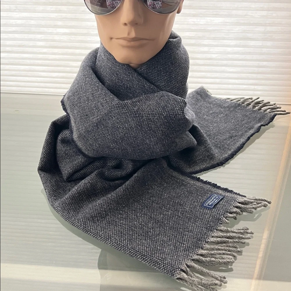 🐑Twill Pattern Navy+Gray Fringed Virgin Wool Scarf | Fairibault Woolen Mill Co.